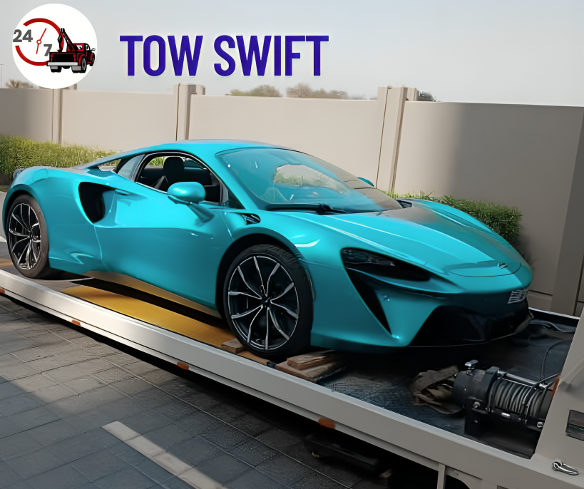 Tow Swift professional towing service team and flatbed truck